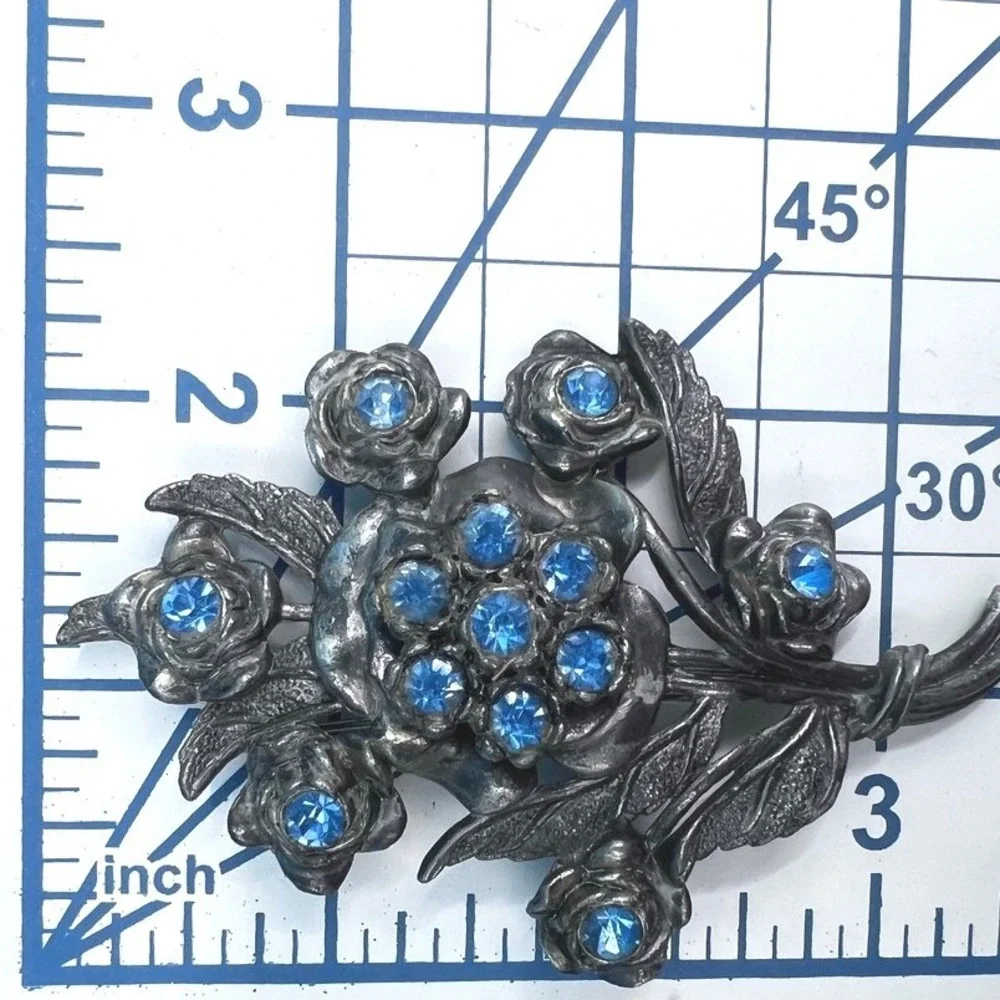 Vintage Little Nemo Pot Metal Brooch Large Blue Rhinestones Floral ‎ 3.25